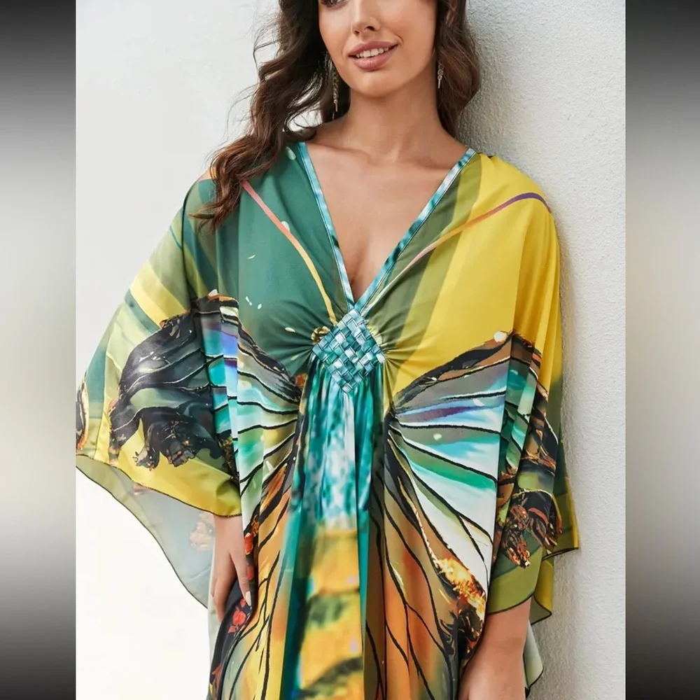 CELEBRATE YELLOW DRAGNFLY MIX BOHO S-4XL LOUNGE COVERUP ROBE RESORT DRES… - Picture 5 of 8